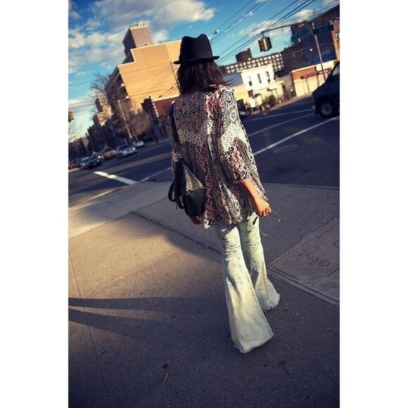 Free People Discharge Bali Flare Printed Boho Hippie Denim Flare Jeans - Picture 7 of 9